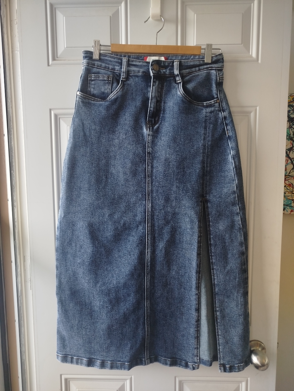 Denim Midi Skirt with Front Slit